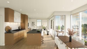 An interior shot of The Redfern's living area and kitchen.