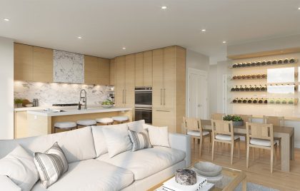 An interior shot of The Redfern's living area and kitchen.